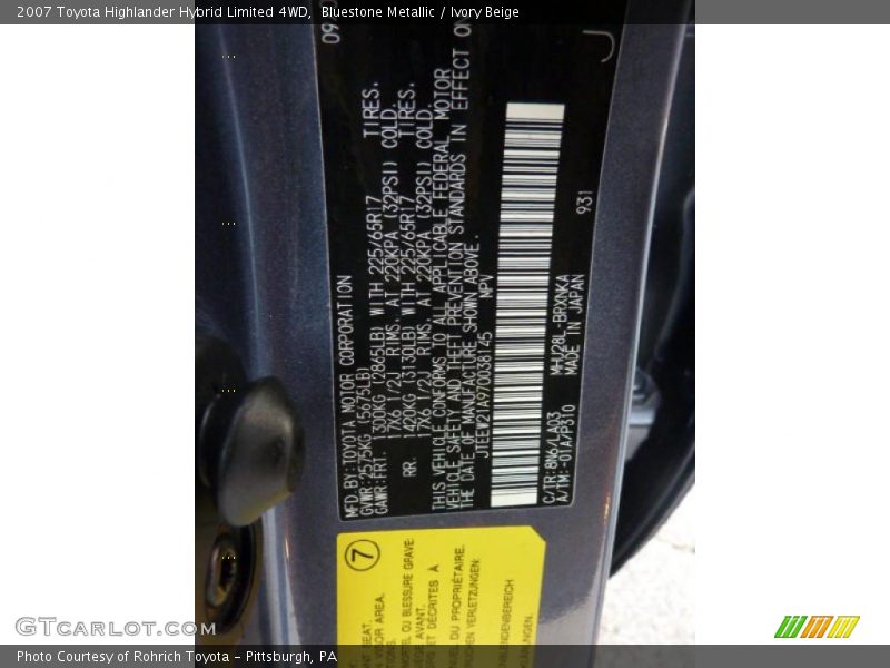 Bluestone Metallic / Ivory Beige 2007 Toyota Highlander Hybrid Limited 4WD