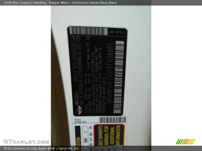 Pepper White / Checkered Carbon Black/Black 2008 Mini Cooper S Hardtop