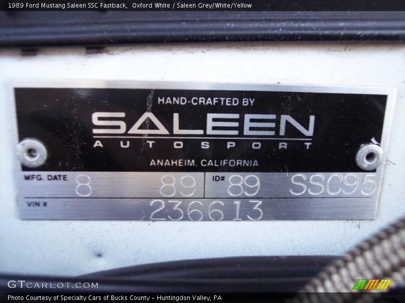 Info Tag of 1989 Mustang Saleen SSC Fastback