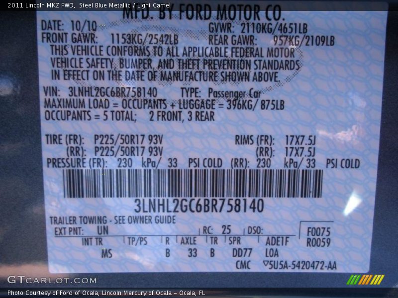 Steel Blue Metallic / Light Camel 2011 Lincoln MKZ FWD