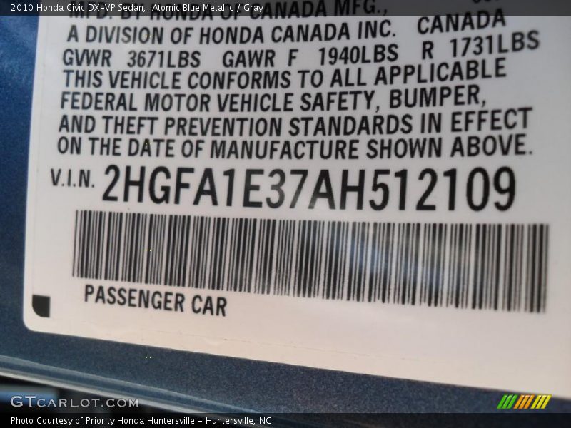 Atomic Blue Metallic / Gray 2010 Honda Civic DX-VP Sedan
