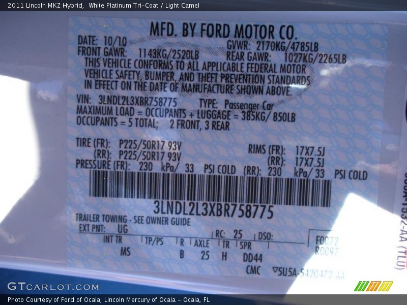 2011 MKZ Hybrid White Platinum Tri-Coat Color Code UG