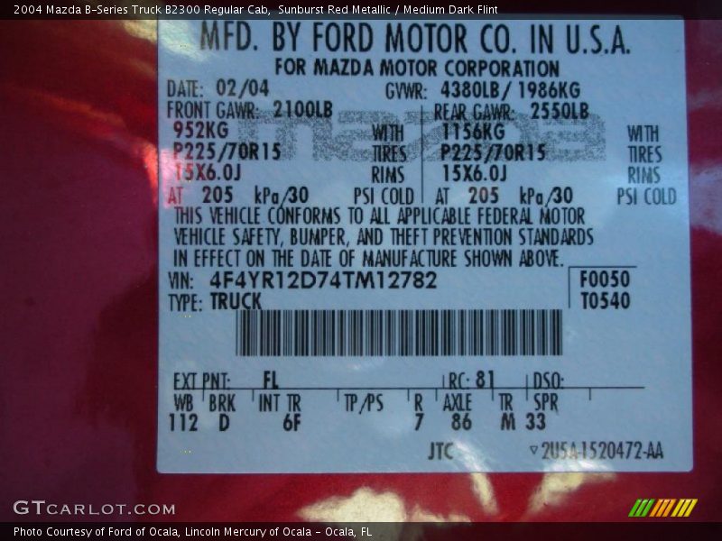 2004 B-Series Truck B2300 Regular Cab Sunburst Red Metallic Color Code FL