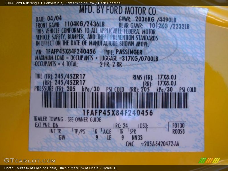 2004 Mustang GT Convertible Screaming Yellow Color Code D6