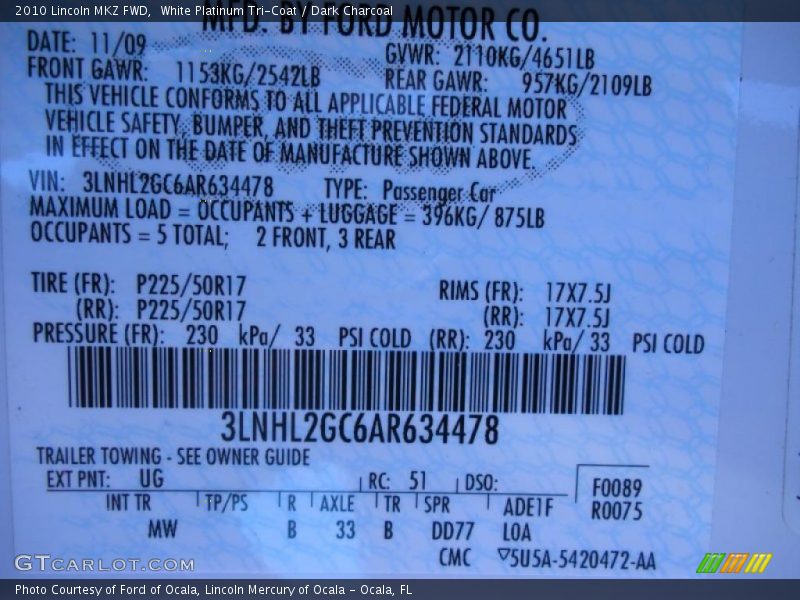 White Platinum Tri-Coat / Dark Charcoal 2010 Lincoln MKZ FWD