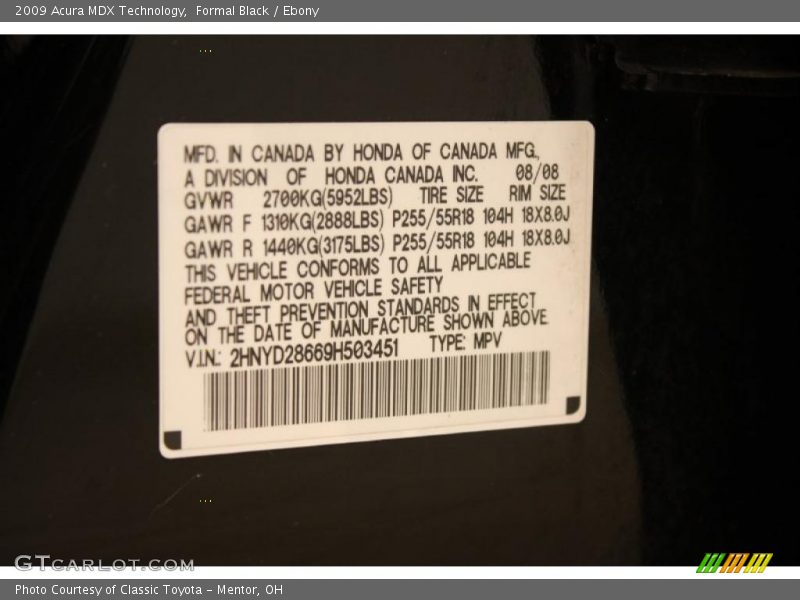 Info Tag of 2009 MDX Technology