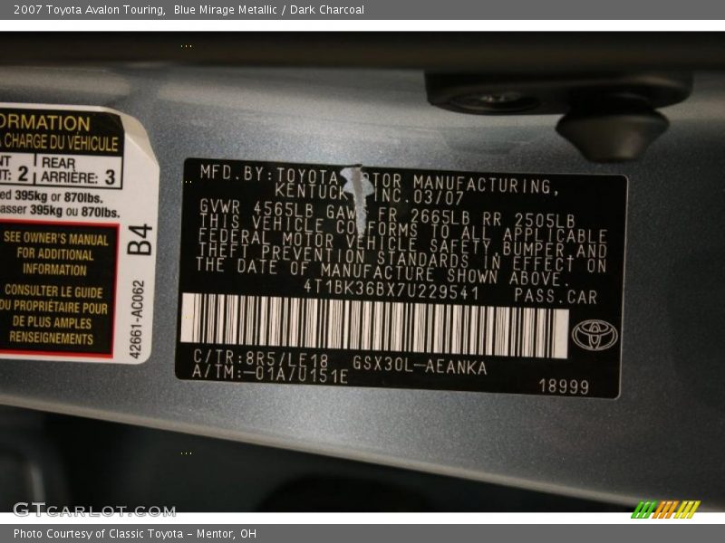 Blue Mirage Metallic / Dark Charcoal 2007 Toyota Avalon Touring