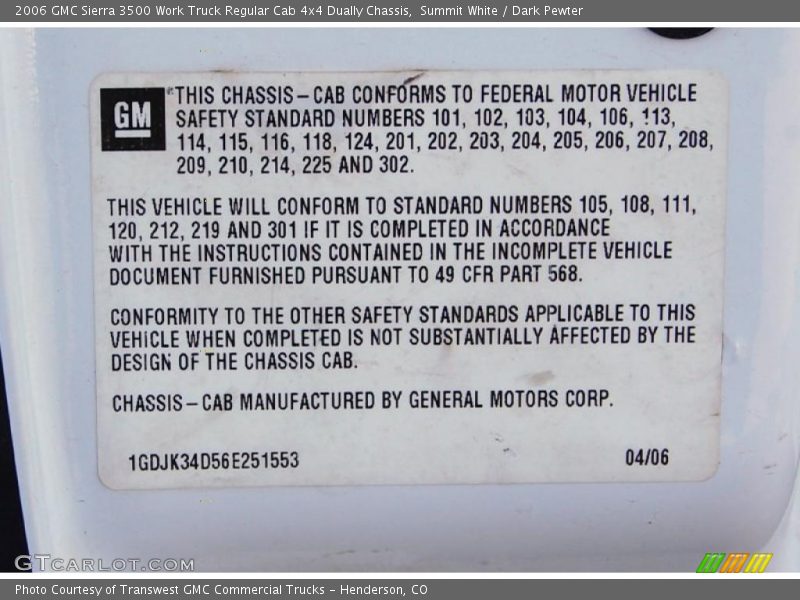 Info Tag of 2006 Sierra 3500 Work Truck Regular Cab 4x4 Dually Chassis