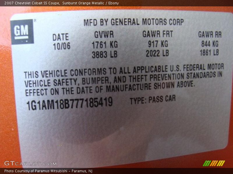 Info Tag of 2007 Cobalt SS Coupe