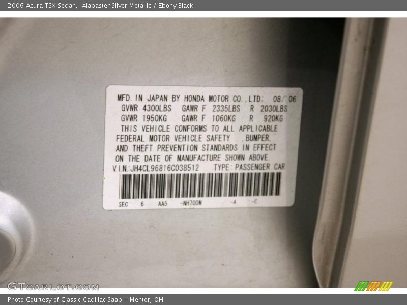 Alabaster Silver Metallic / Ebony Black 2006 Acura TSX Sedan
