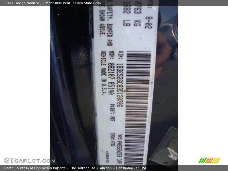 Patriot Blue Pearl / Dark Slate Gray 2003 Dodge Neon SE
