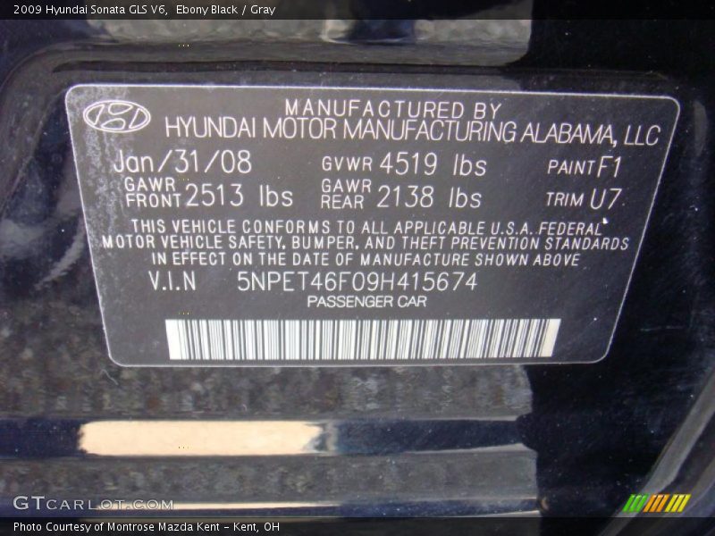 Ebony Black / Gray 2009 Hyundai Sonata GLS V6