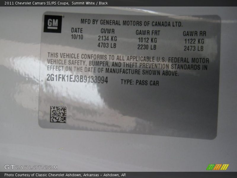 Info Tag of 2011 Camaro SS/RS Coupe