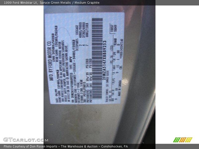 1999 Windstar LX Spruce Green Metallic Color Code FS