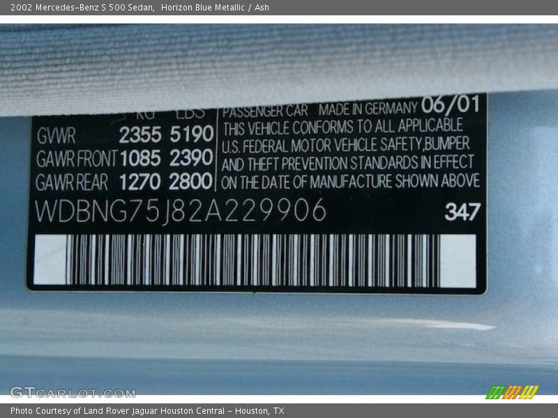2002 S 500 Sedan Horizon Blue Metallic Color Code 347