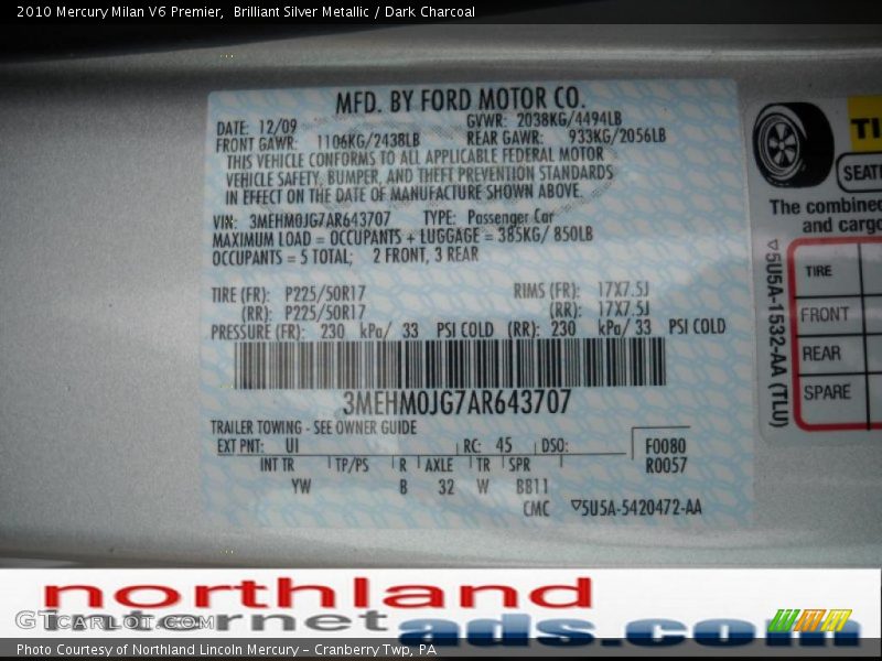 Brilliant Silver Metallic / Dark Charcoal 2010 Mercury Milan V6 Premier