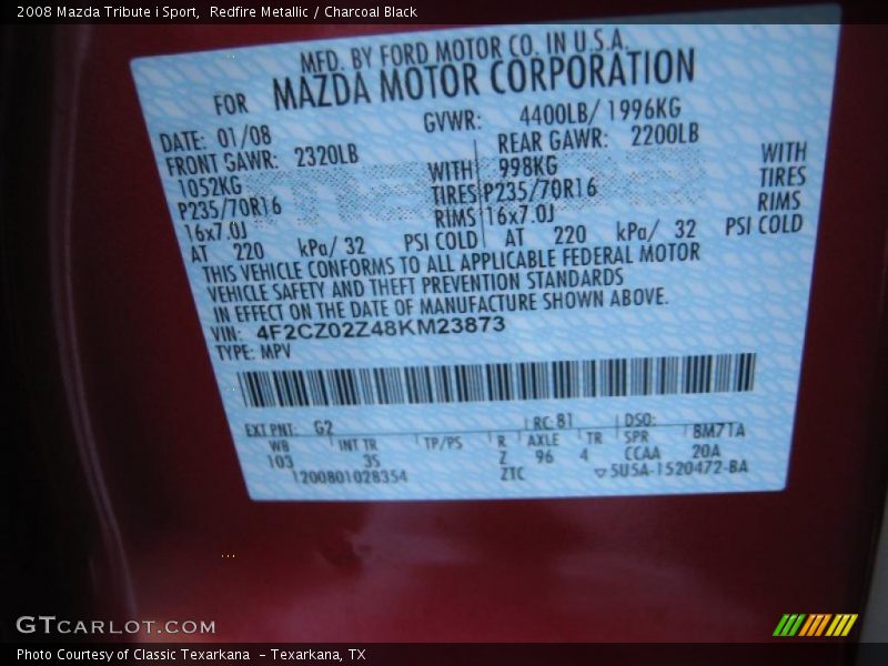 Redfire Metallic / Charcoal Black 2008 Mazda Tribute i Sport