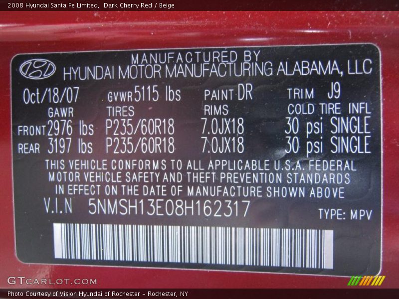 Dark Cherry Red / Beige 2008 Hyundai Santa Fe Limited