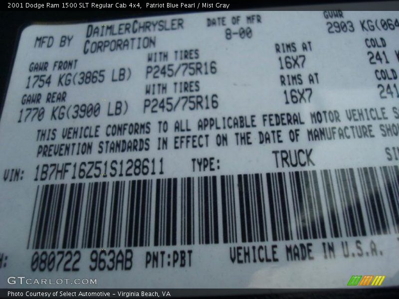 Patriot Blue Pearl / Mist Gray 2001 Dodge Ram 1500 SLT Regular Cab 4x4