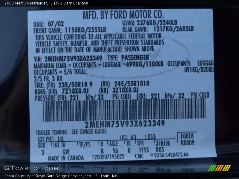 2003 Marauder  Black Color Code UA