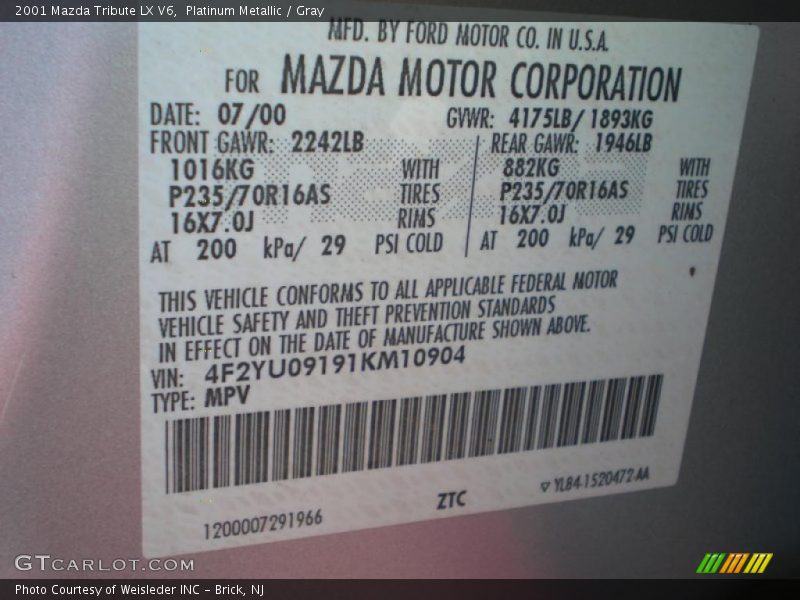 Platinum Metallic / Gray 2001 Mazda Tribute LX V6