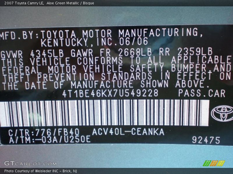 Aloe Green Metallic / Bisque 2007 Toyota Camry LE