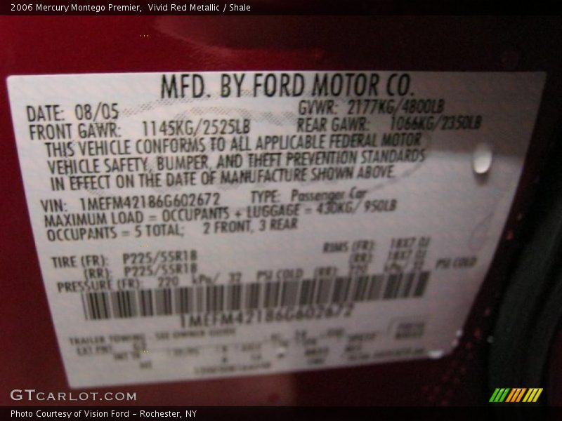 Vivid Red Metallic / Shale 2006 Mercury Montego Premier