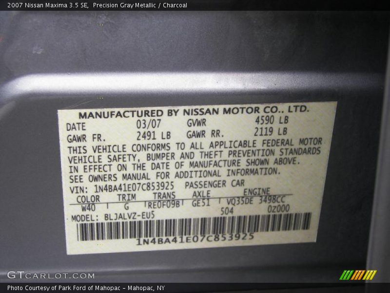 Precision Gray Metallic / Charcoal 2007 Nissan Maxima 3.5 SE