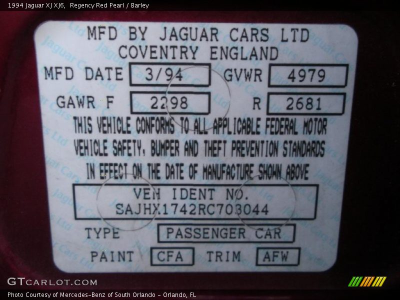 1994 XJ XJ6 Regency Red Pearl Color Code CFA