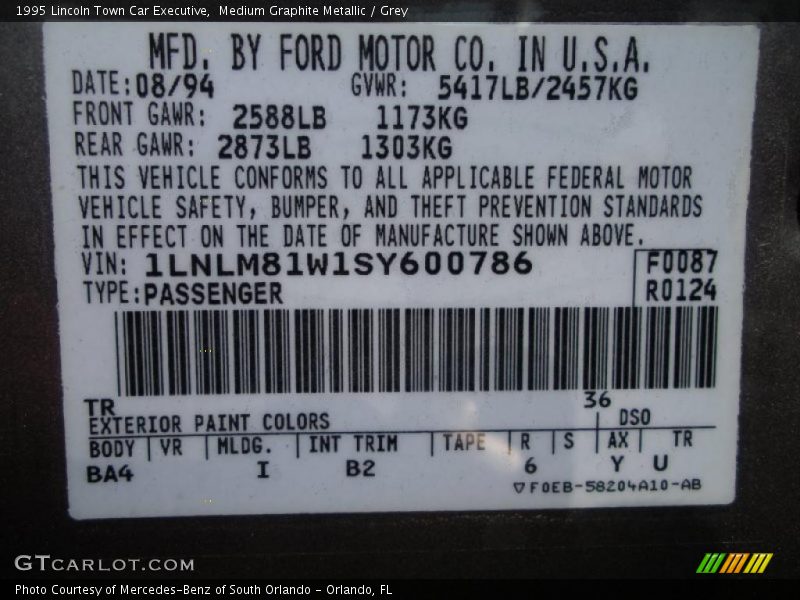 1995 Town Car Executive Medium Graphite Metallic Color Code TR