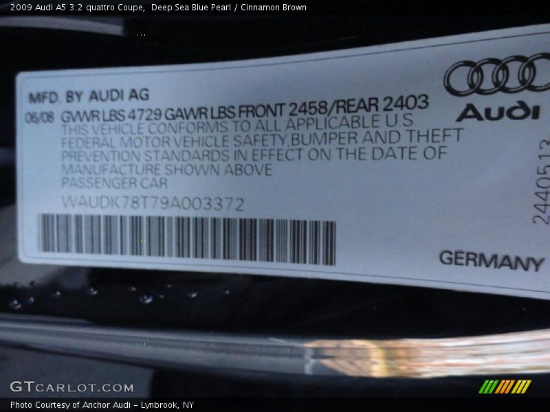 Deep Sea Blue Pearl / Cinnamon Brown 2009 Audi A5 3.2 quattro Coupe