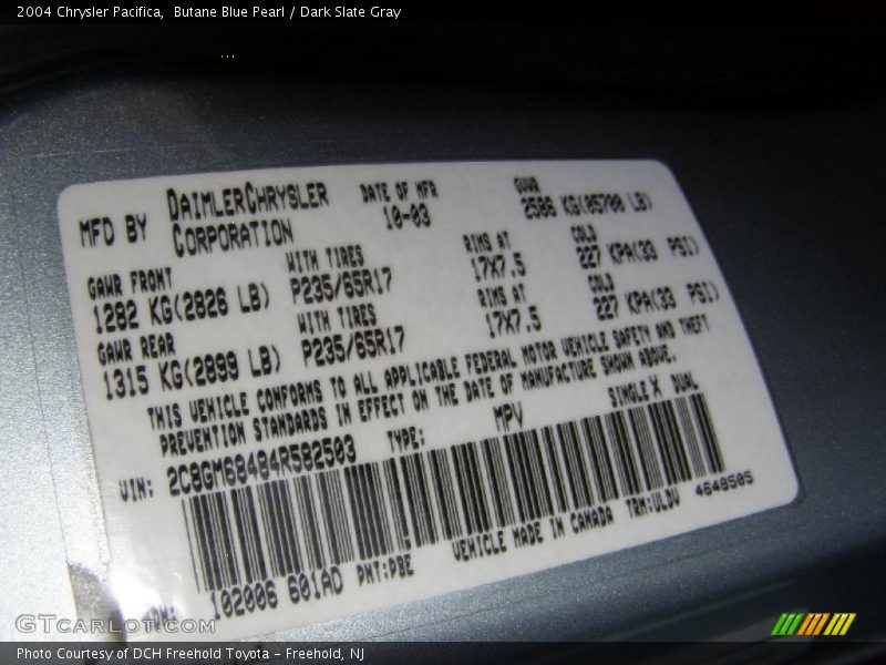 Butane Blue Pearl / Dark Slate Gray 2004 Chrysler Pacifica