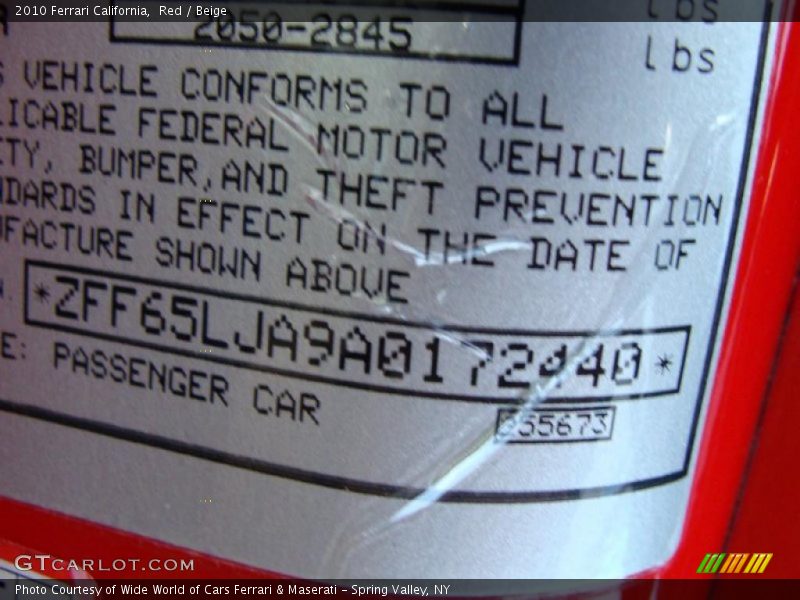 Info Tag of 2010 California 