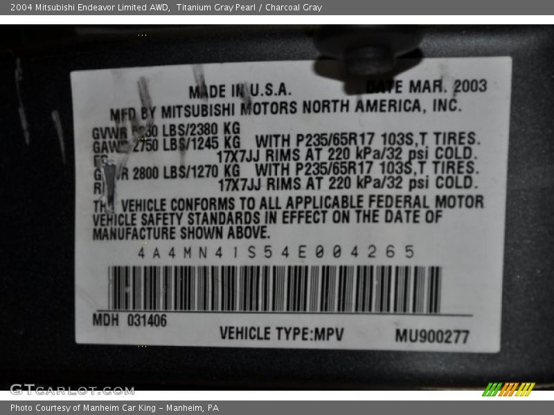 Titanium Gray Pearl / Charcoal Gray 2004 Mitsubishi Endeavor Limited AWD