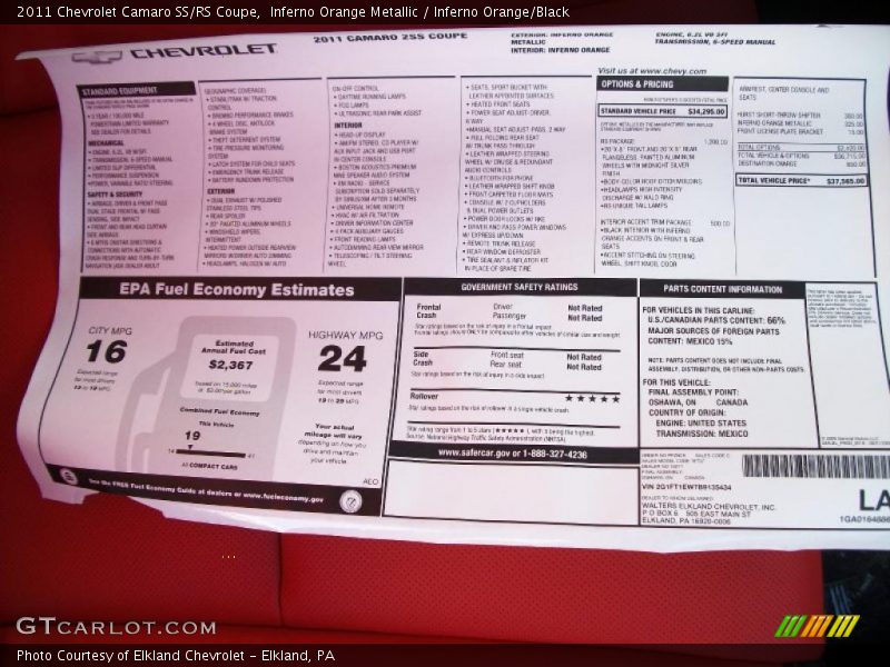  2011 Camaro SS/RS Coupe Window Sticker