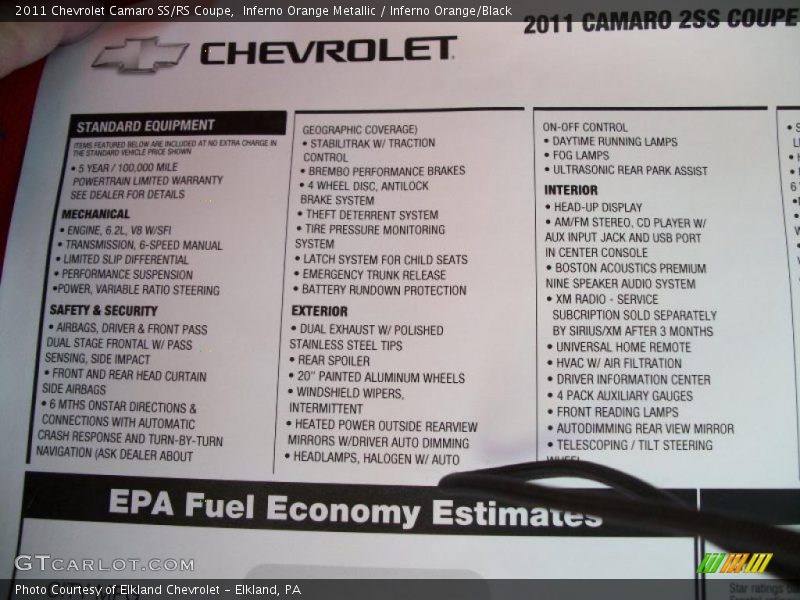  2011 Camaro SS/RS Coupe Window Sticker