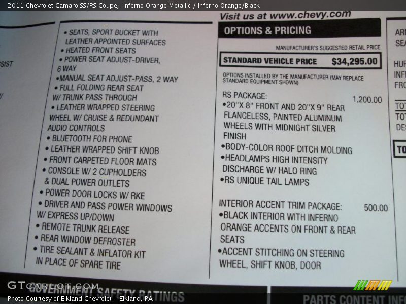  2011 Camaro SS/RS Coupe Window Sticker