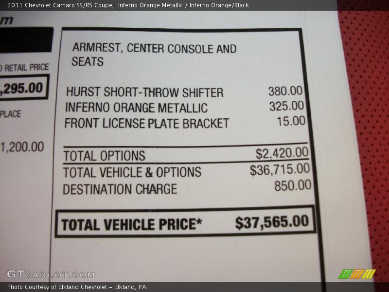  2011 Camaro SS/RS Coupe Window Sticker