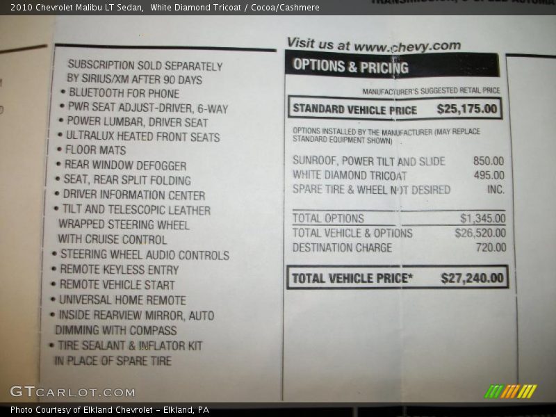 White Diamond Tricoat / Cocoa/Cashmere 2010 Chevrolet Malibu LT Sedan