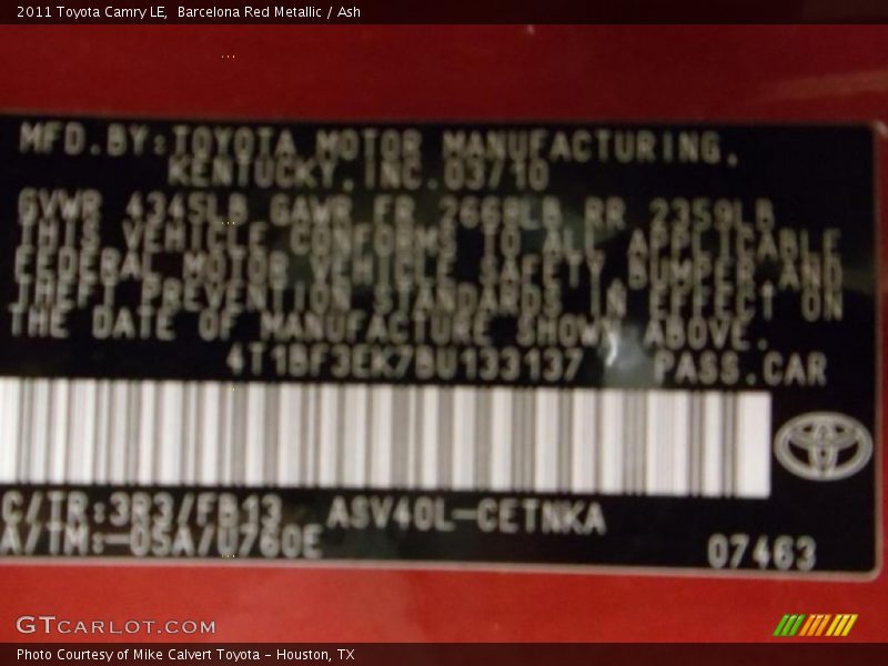 Barcelona Red Metallic / Ash 2011 Toyota Camry LE