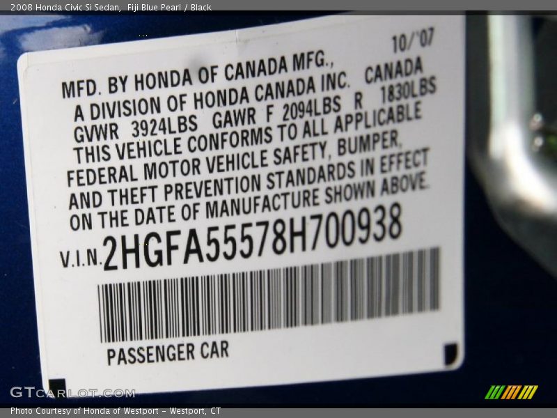 Fiji Blue Pearl / Black 2008 Honda Civic Si Sedan