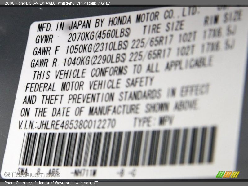 Whistler Silver Metallic / Gray 2008 Honda CR-V EX 4WD