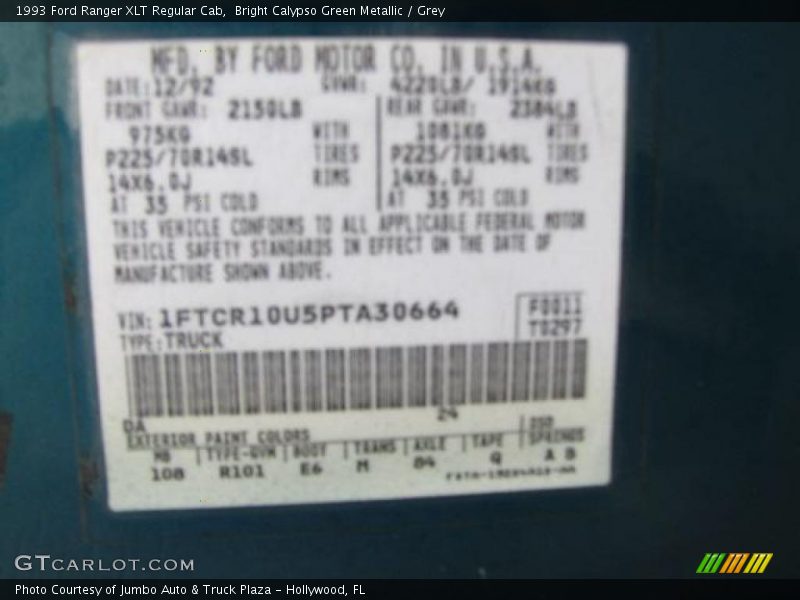 1993 Ranger XLT Regular Cab Bright Calypso Green Metallic Color Code DA