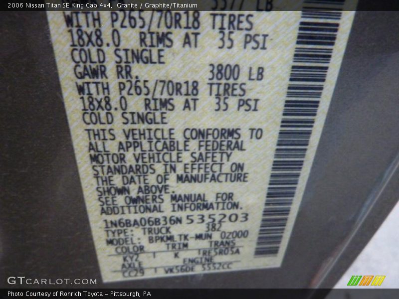 2006 Titan SE King Cab 4x4 Granite Color Code KY2