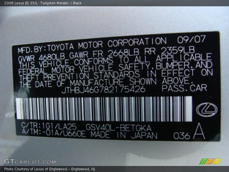 Tungsten Metallic / Black 2008 Lexus ES 350