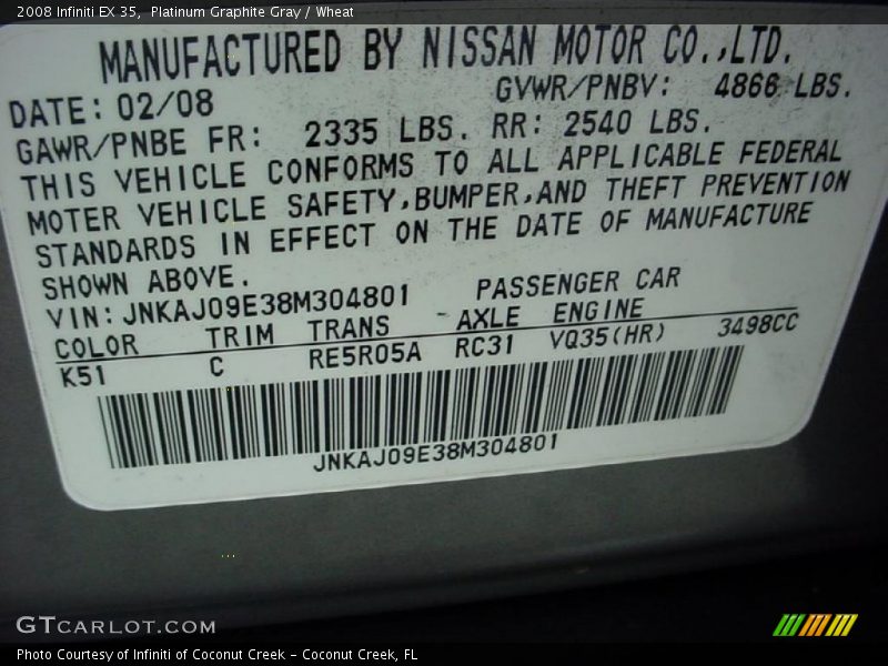 Platinum Graphite Gray / Wheat 2008 Infiniti EX 35
