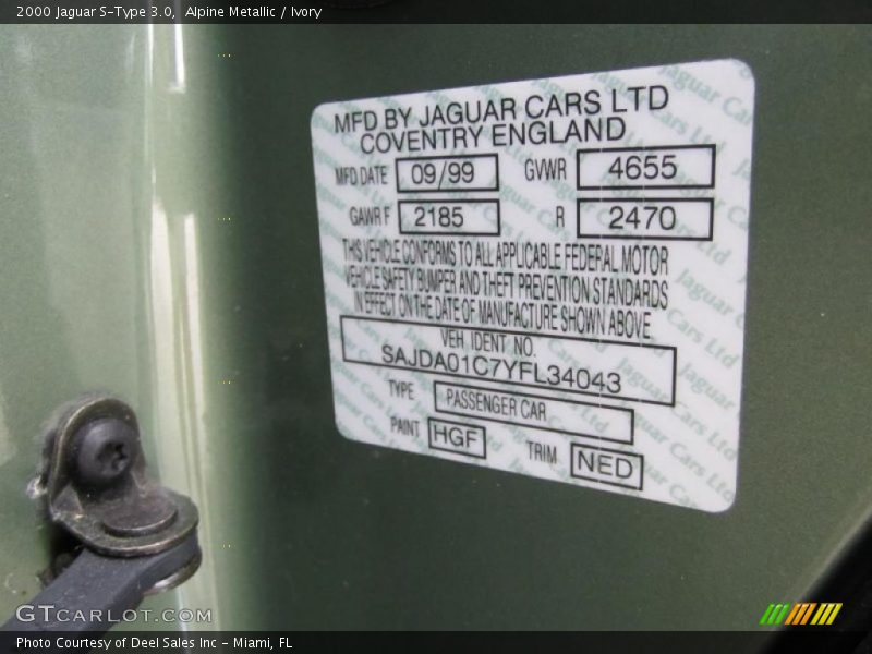 2000 S-Type 3.0 Alpine Metallic Color Code HGF