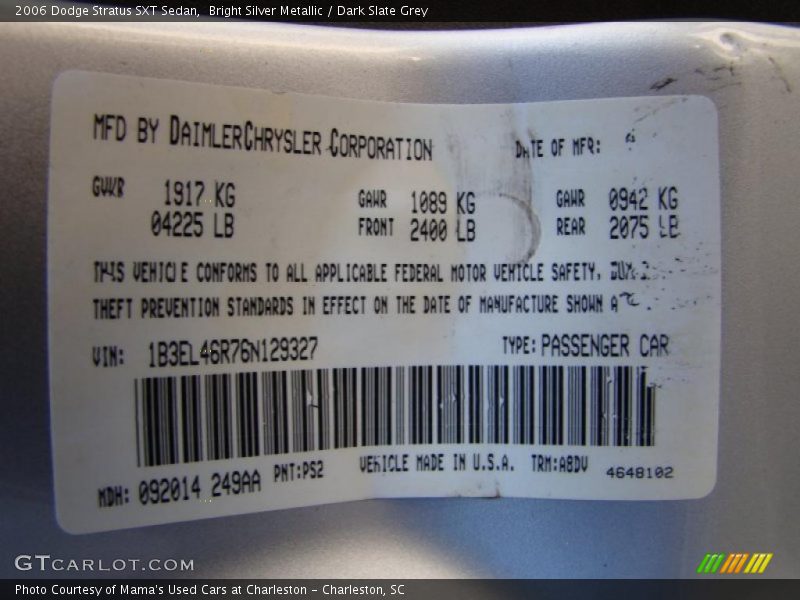 Bright Silver Metallic / Dark Slate Grey 2006 Dodge Stratus SXT Sedan