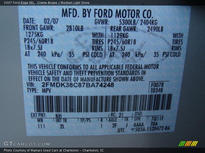 Creme Brulee / Medium Light Stone 2007 Ford Edge SEL