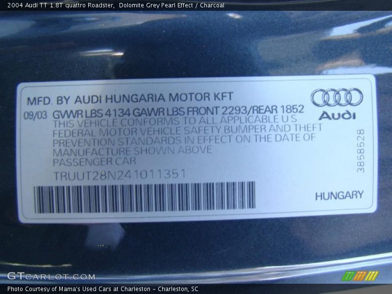 Info Tag of 2004 TT 1.8T quattro Roadster